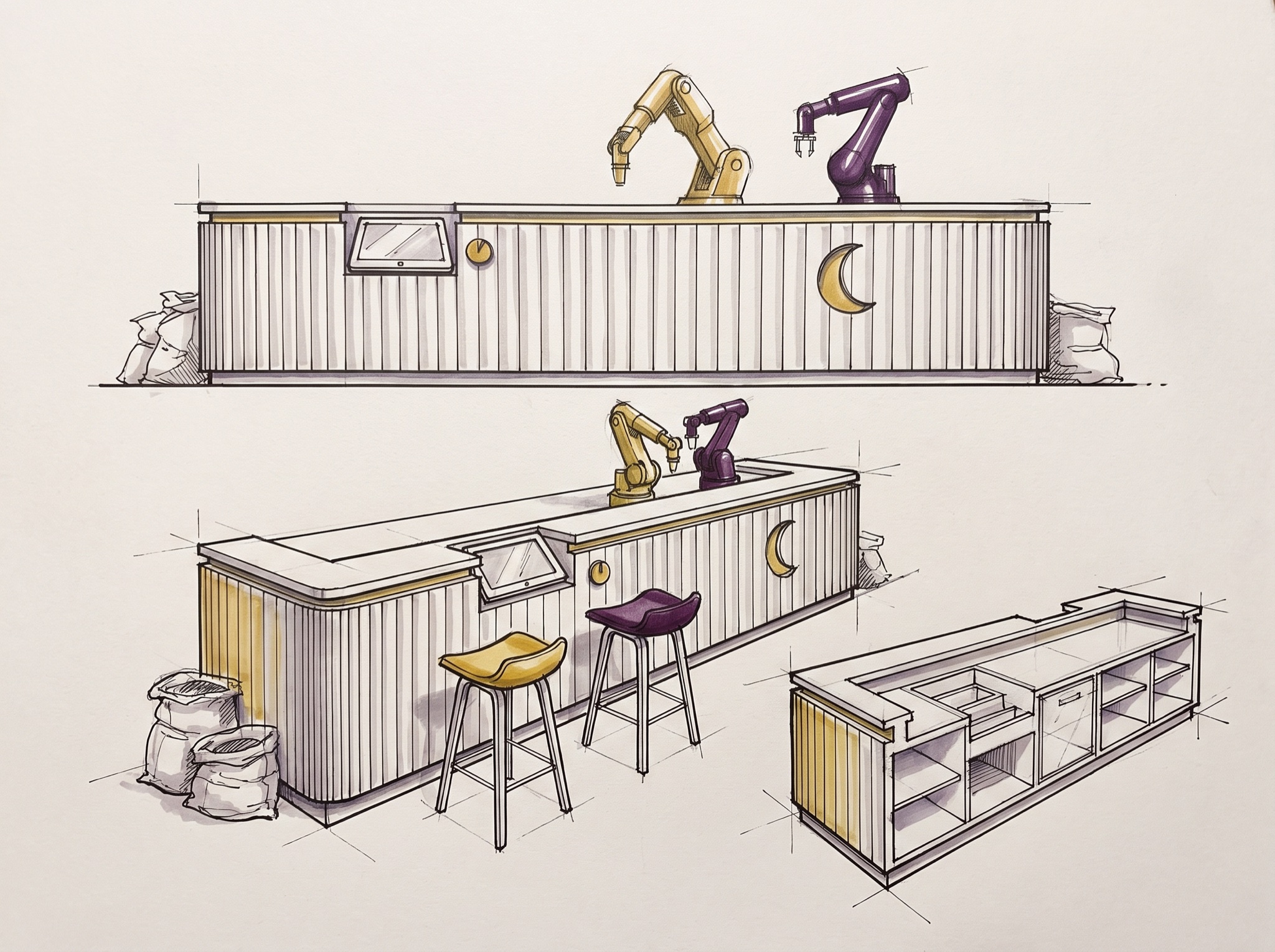 Marker sketch sheet of the Wonder Bean bar: the long slatted counter in elevation with two arms on top, a perspective with a yellow and a purple stool, and the carcass drawn open