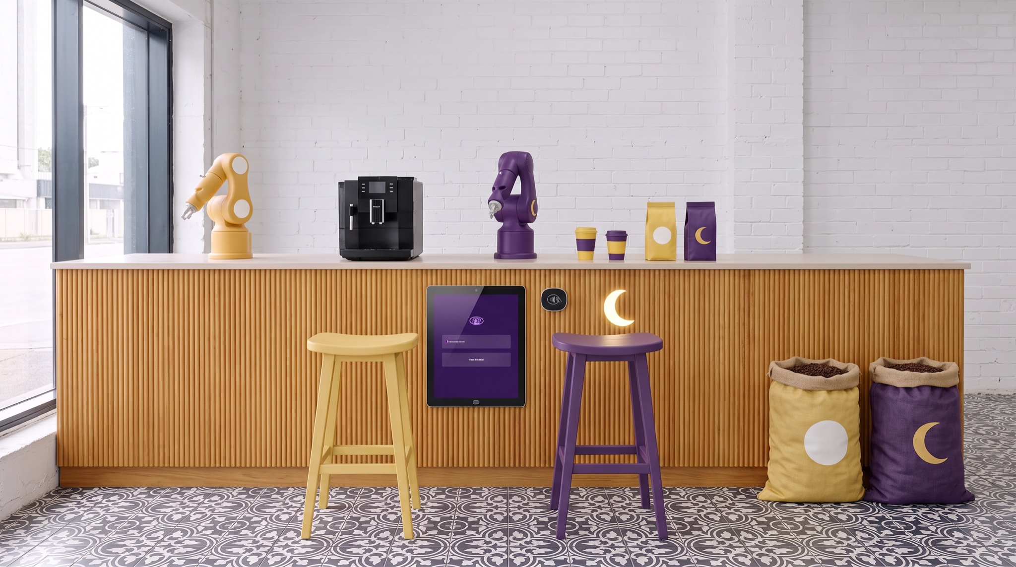 The Wonder Bean bar from the front: slatted timber counter, a yellow arm and a purple arm either side of the coffee machine, a tablet and tap-to-pay set into the front, a glowing crescent, two stools, bean sacks