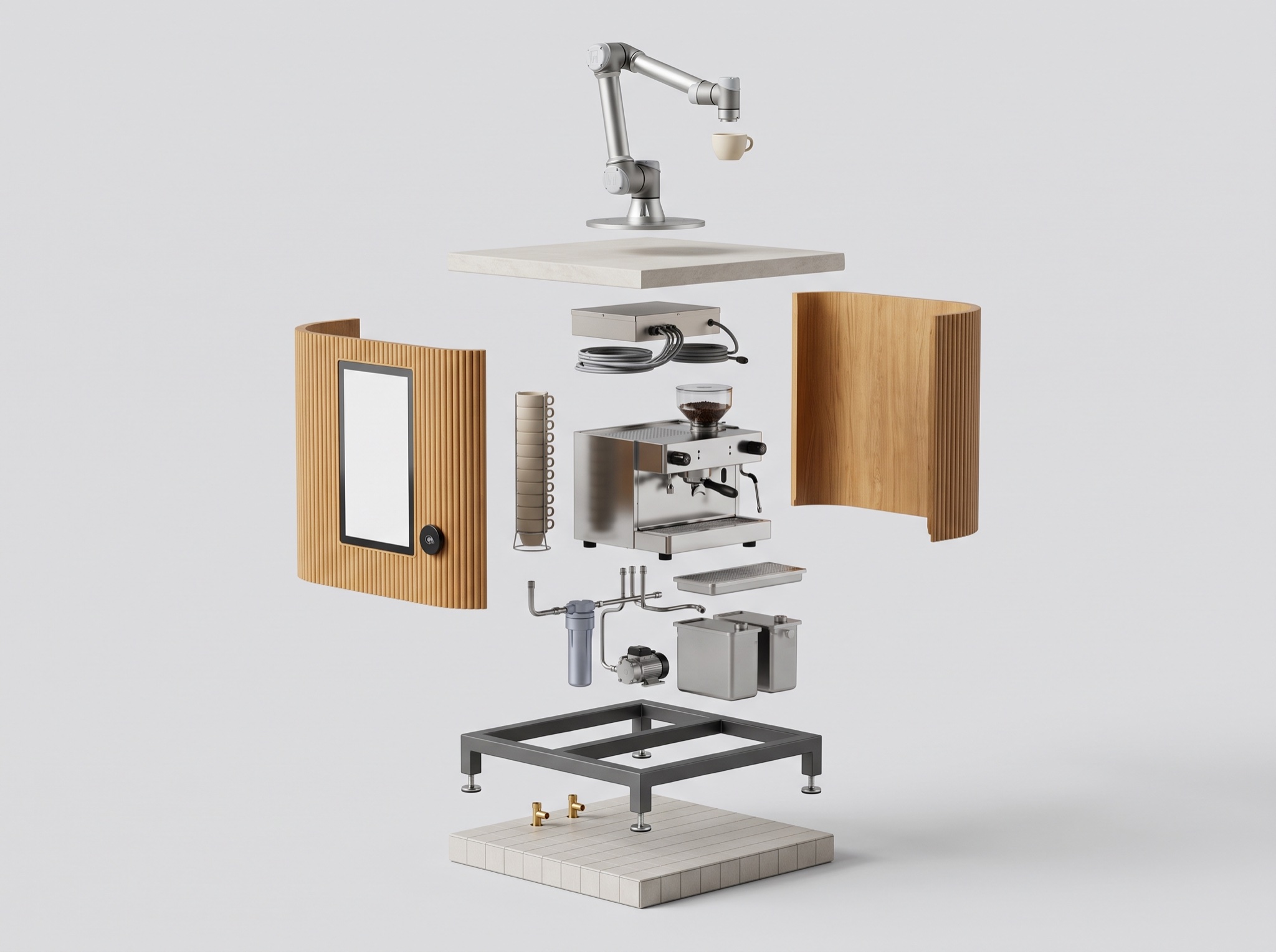 Exploded view of the bar: arm and cup, stone top, controller and cables, curved timber panels, cup dispenser, espresso machine, drip tray, water kit, steel frame, tiled plinth