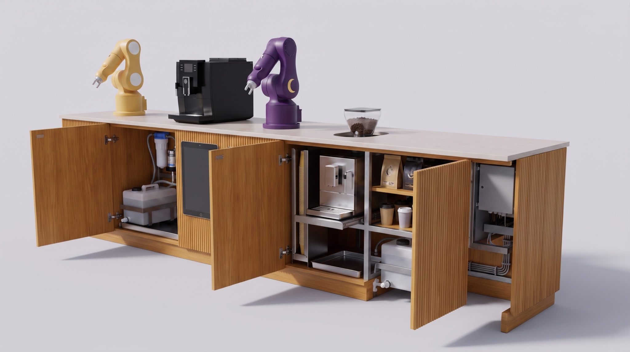 Three-quarter view with the service side open: the machine on its slide-out shelf, the cup stack, the water kit and the controller