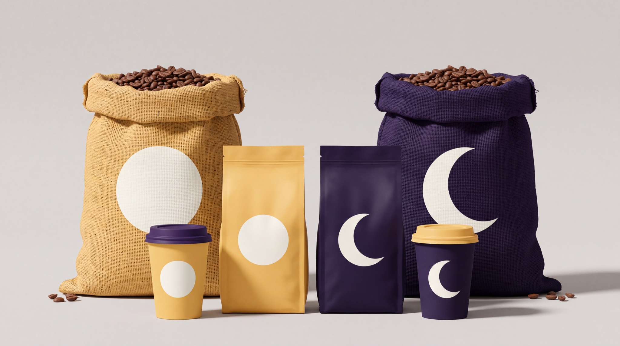 The Wonder Bean pack family: an amber sack and bag with the full moon, a purple sack and bag with the crescent, the two cups