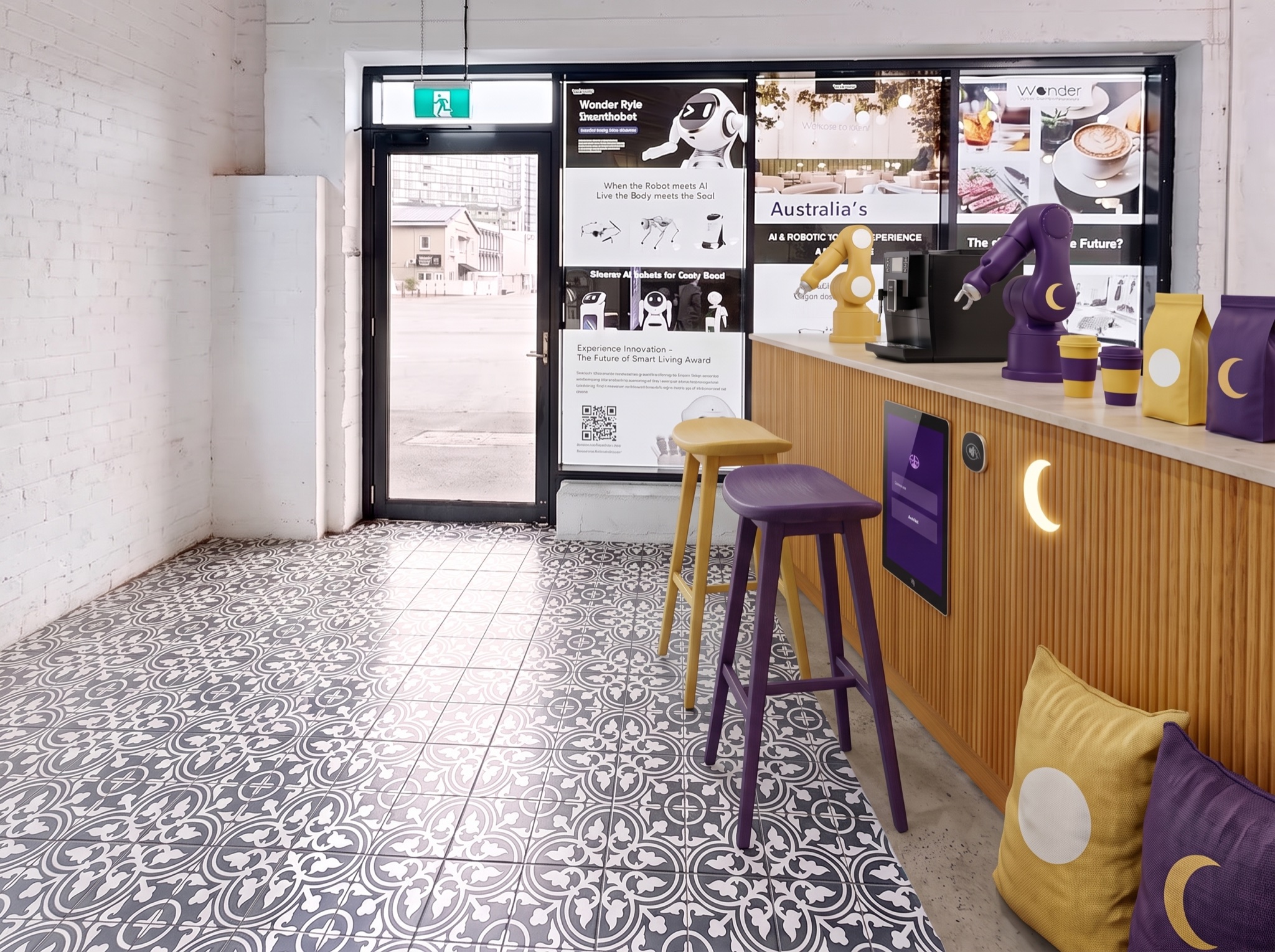 The Wonder Bean bar in the entry of 365 St Pauls Terrace: slatted timber counter along the wall, a Sol yellow arm and a Luna purple arm either side of the coffee machine, the crescent lit on the front, the screen and tap, Sol and Luna stools, cups, bags and cushions