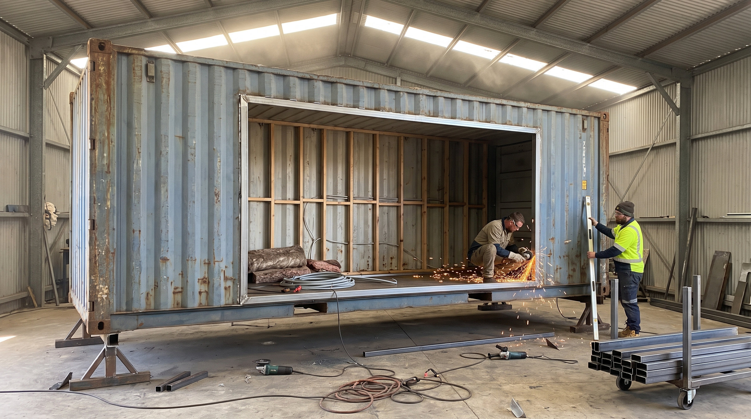 The container in a workshop with one side cut open, a welder at work