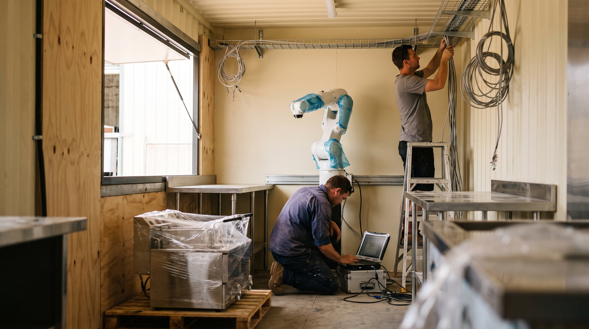 Inside the lined container, a robot arm on its rail, two technicians wiring and programming
