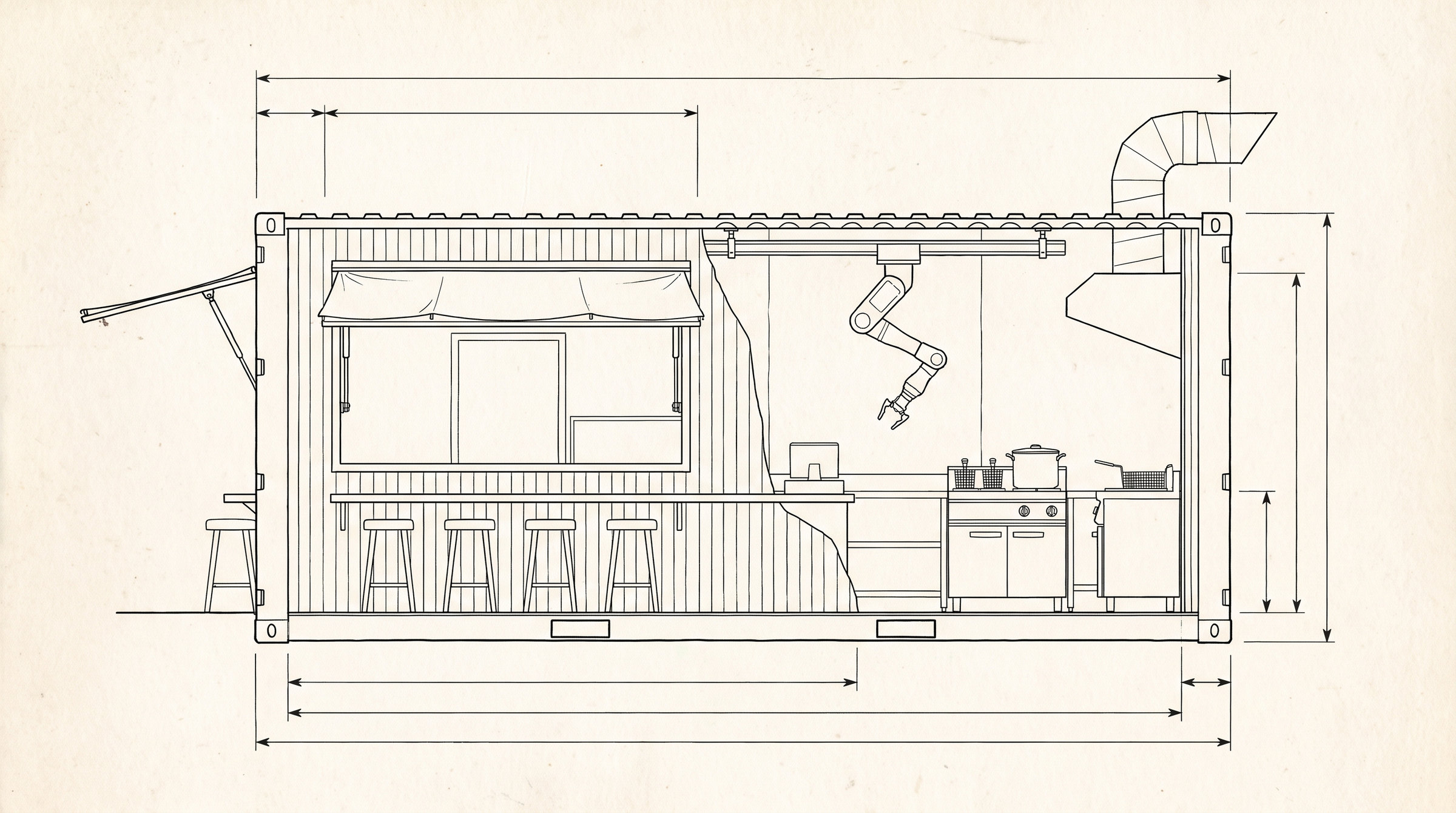 General arrangement drawing of the container kitchen from the hatch side, the arm on its rail, the extraction duct through the roof