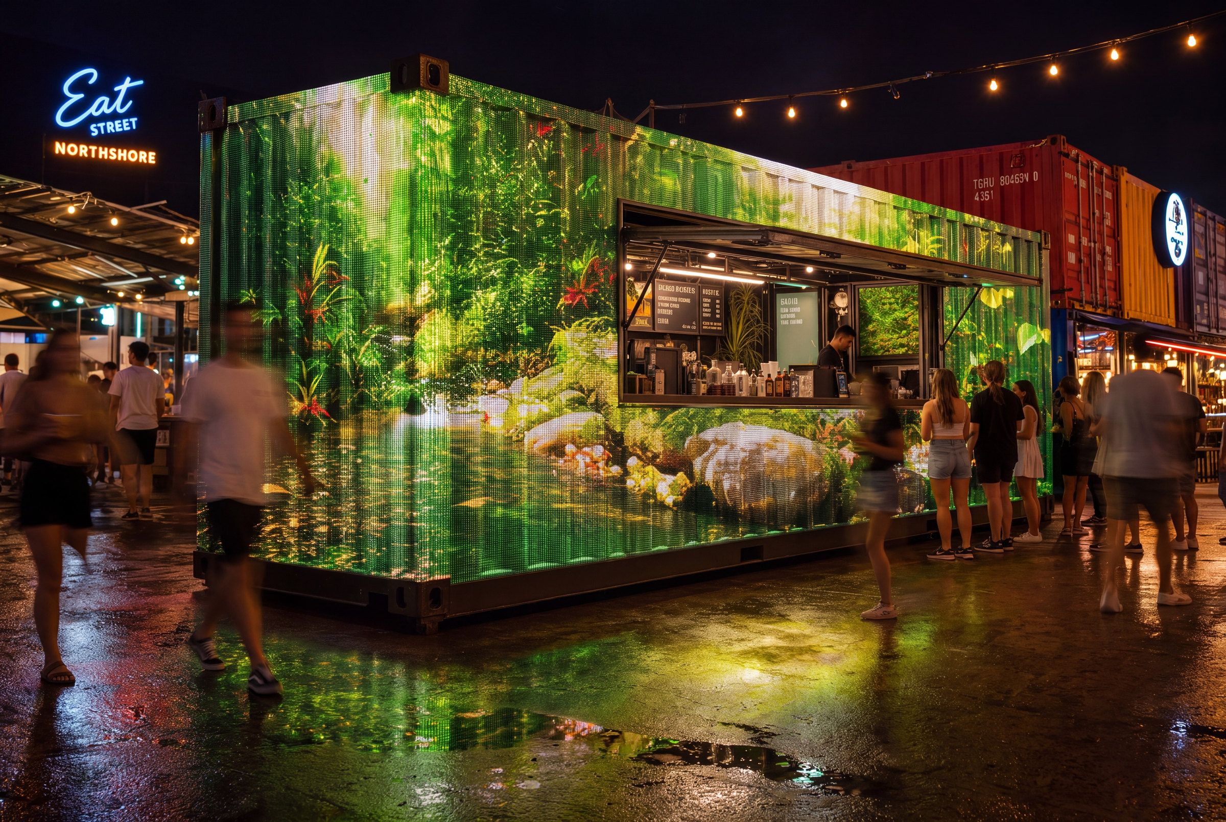 A container kitchen at a night market, its glass skin live