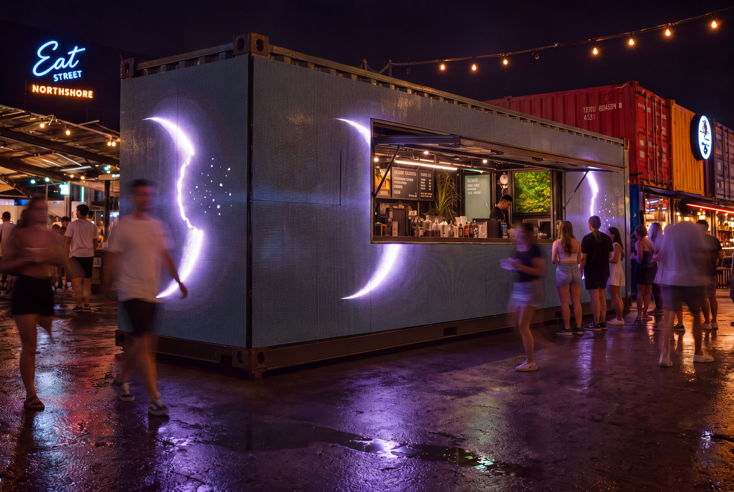 The container at night with a crescent moon mark running as light across the glass